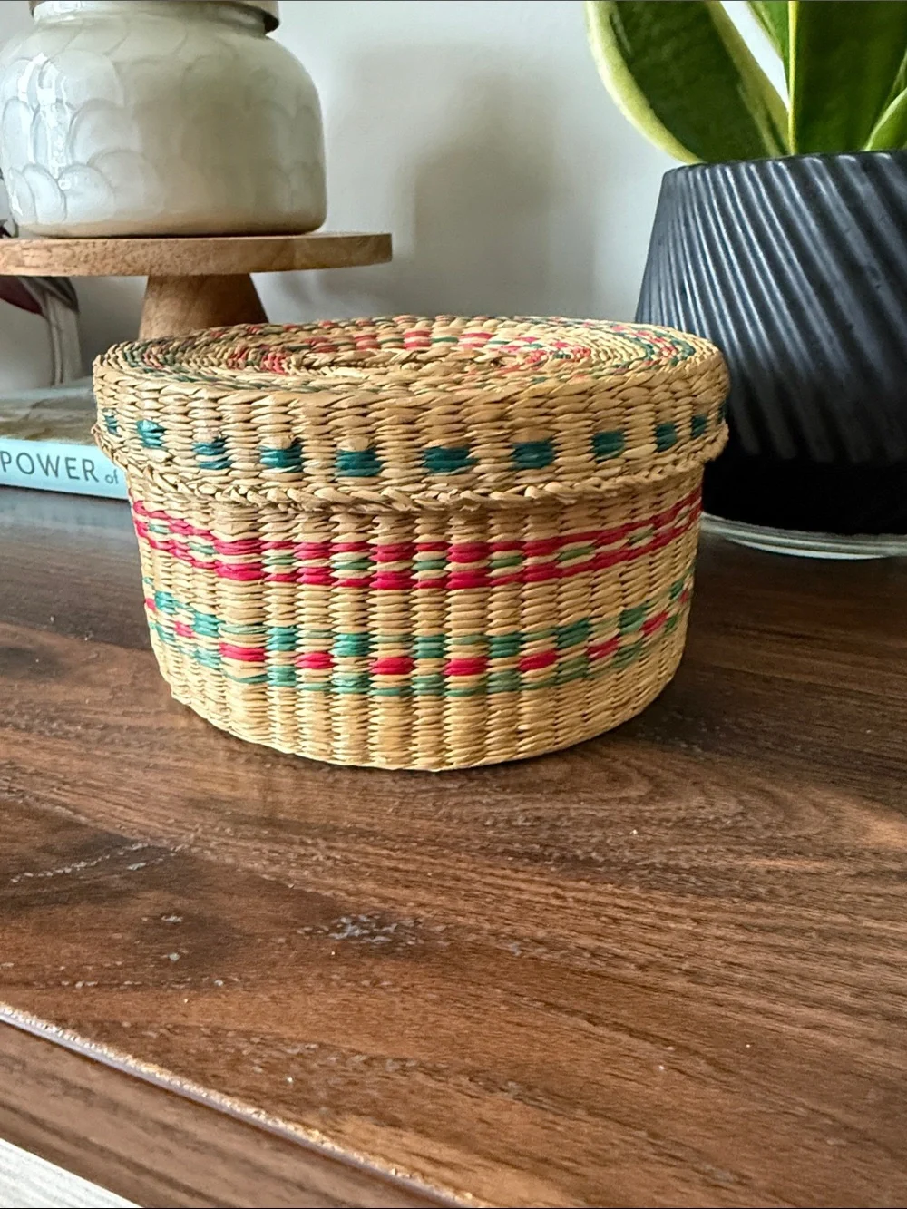 Handwoven Natural Straw Small Storage Basket with Red and Teal Boho Rustic